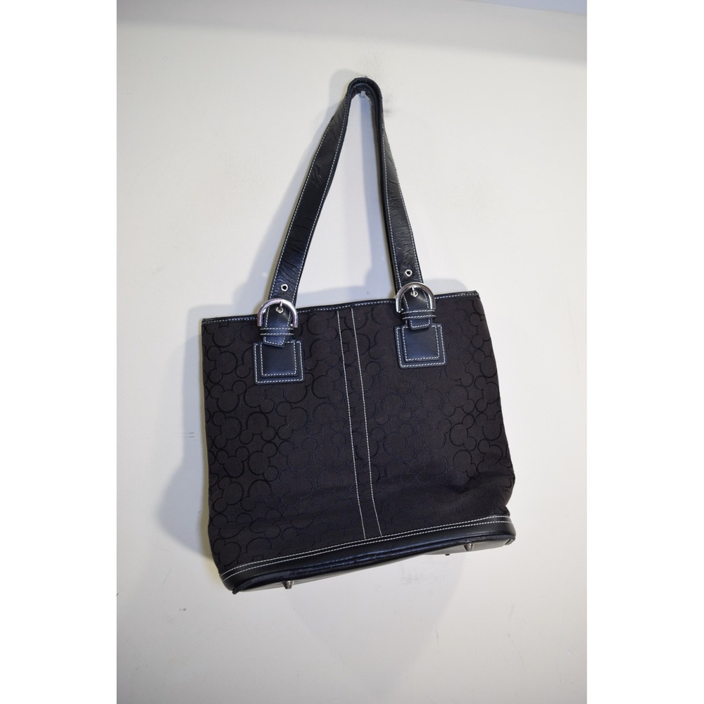 Disney Mickey Mouse Jacquard Tote Bag Canvas FAUX Leather Bag Purse Black FLAW